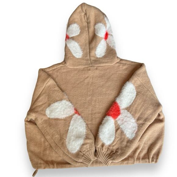 POL Daisy Fuzzy Hooded Oversized Sweater Tan White Floral Unique Pullover Small - Picture 5 of 15